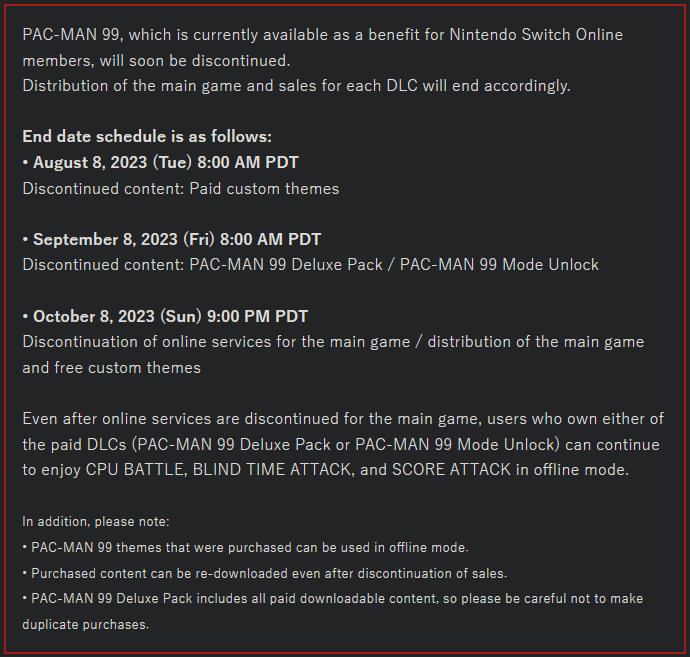 Nintendo shutting down online services for Pac-Man 99 later this