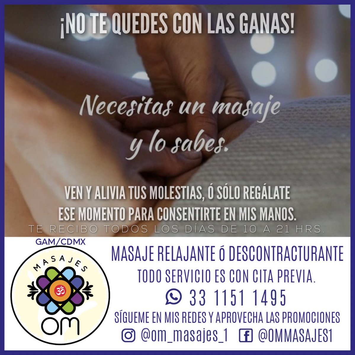 Om_Masajes_1's tweet photo. Siempre tengo alguna promoción que puedes aprovechar para conocer mi servicio. #Om_Masajes_1 #Masaje #MasajePersonalizado #MasajeAntiestrés #MasajeRelajante #MasajeDescontracturante #MasajeDeportivo #MasajeSueco #MasajeShiatsu #MasajeAnticelulítis #MasajeReafirmante #EnCDMX 🙌🏻🕉️ https://t.co/uZHzKNfNuK
