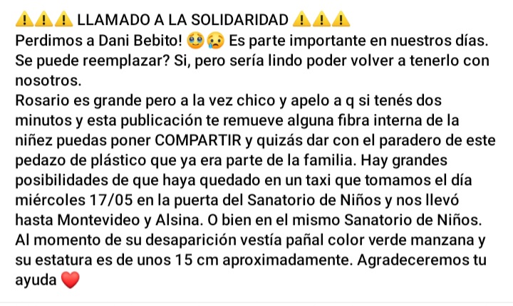 CoriaMarchu's tweet photo. ⚠️⚠️⚠️ LLAMADO A LA SOLIDARIDAD ⚠️⚠️⚠️
Perdimos a Dani Bebito! 🥹😢 Es parte importante en nuestros días. Se puede reemplazar? Si, pero sería lindo poder volver a tenerlo con nosotros. ♥️♥️♥️ https://t.co/qjmYADyMna