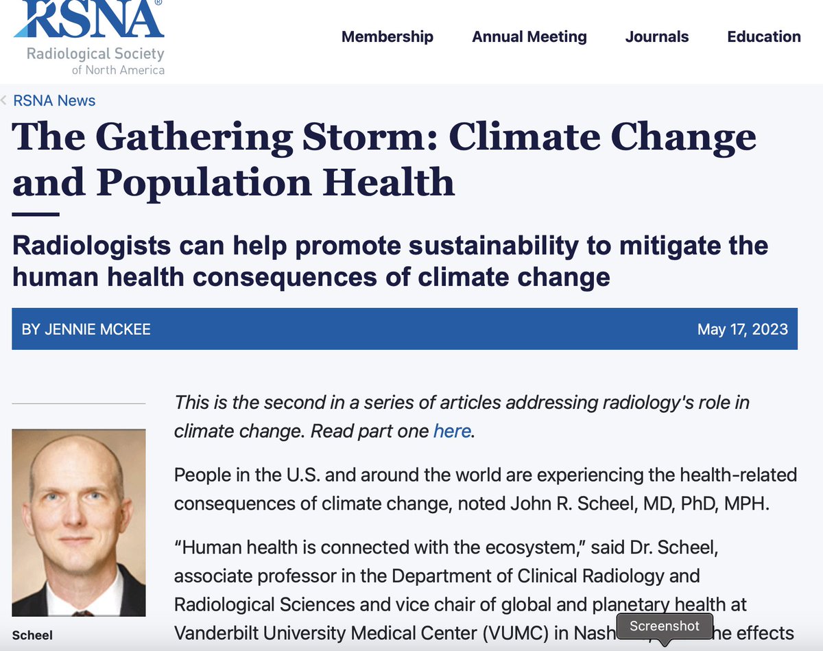 Thanks to <a href="/RSNA/">RSNA</a> News for highlighting the importance of climate change to population health.

See link below for some important insights from <a href="/CassandraLThiel/">Cassandra L. Thiel, PhD</a> &amp; <a href="/JohnRScheel/">John R. Scheel, MD, PhD, MPH</a>, including a snappy short video.

Climate care is healthcare.

rsna.org/news/2023/may/…