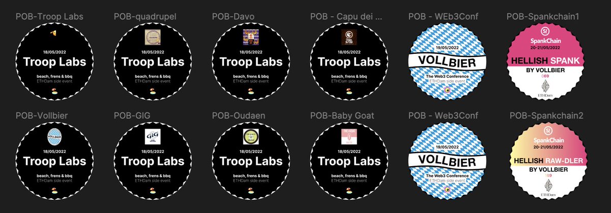 We got our POBs ready for the ETHDam week. Giving out the first ones tomorrow 👀

Which ones are you POBing? 
<a href="/CryptoCanal/">CryptoCanal priv/acc</a> <a href="/TroopLabs/">Troop Labs</a> <a href="/TheWeb3Conf/">The Web3.Conference</a>  <a href="/SpankChain/">SpankChain</a>