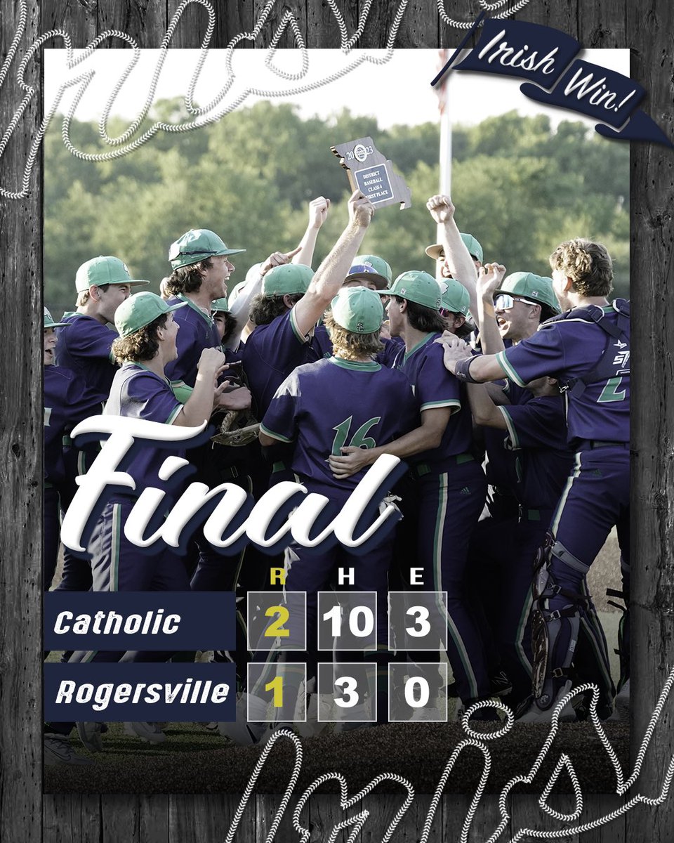 F7: The Irish battle and find a way to win their 4th straight district title. Great day on the mound &amp; the defense stepped up big.    

#IrishBoys☘️⚾️

Morrison: 4.2IP, 3H, 1R
J Schoen: 2.1IP, 0H, 0R
Ripper: 3-3, RBI
N Ruter: 3-4, 
Morrison: 2-4, 2B

<a href="/OzarksOzone/">Ozarks Sports Zone</a> <a href="/Irishreports/">Dante Rebori</a>