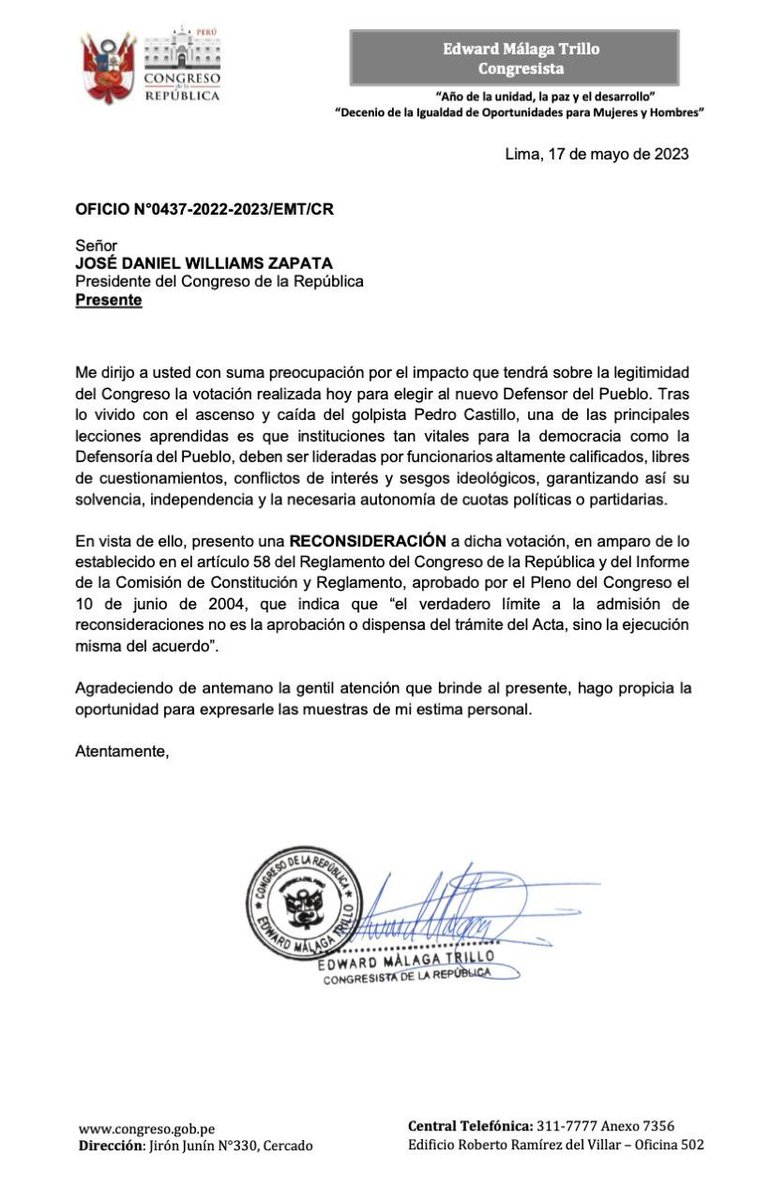 despachoEMT's tweet photo. La elección del Defensor del Pueblo debe estar libre de dudas y cuestionamientos. Por ello, he presentado una reconsideración -debidamente sustentada- a la votación de hoy. Invoco a mis colegas a reflexionar sobre las consecuencias de nuestros votos. https://t.co/uOIhtH3bwA