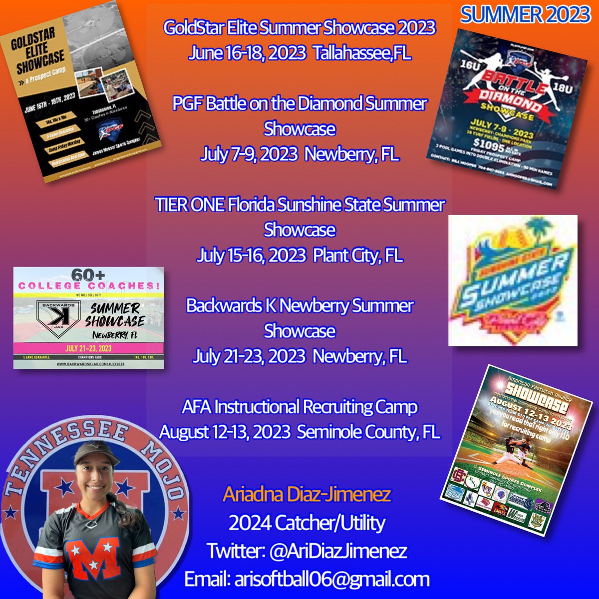 AriDiazJimenez's tweet photo. 2024 Uncommitted Catcher/UT, here is my summer 2023 schedule with my team @tnmojo_rose 18u jersey #8 🧡💙 https://t.co/r6lFZRSnUM