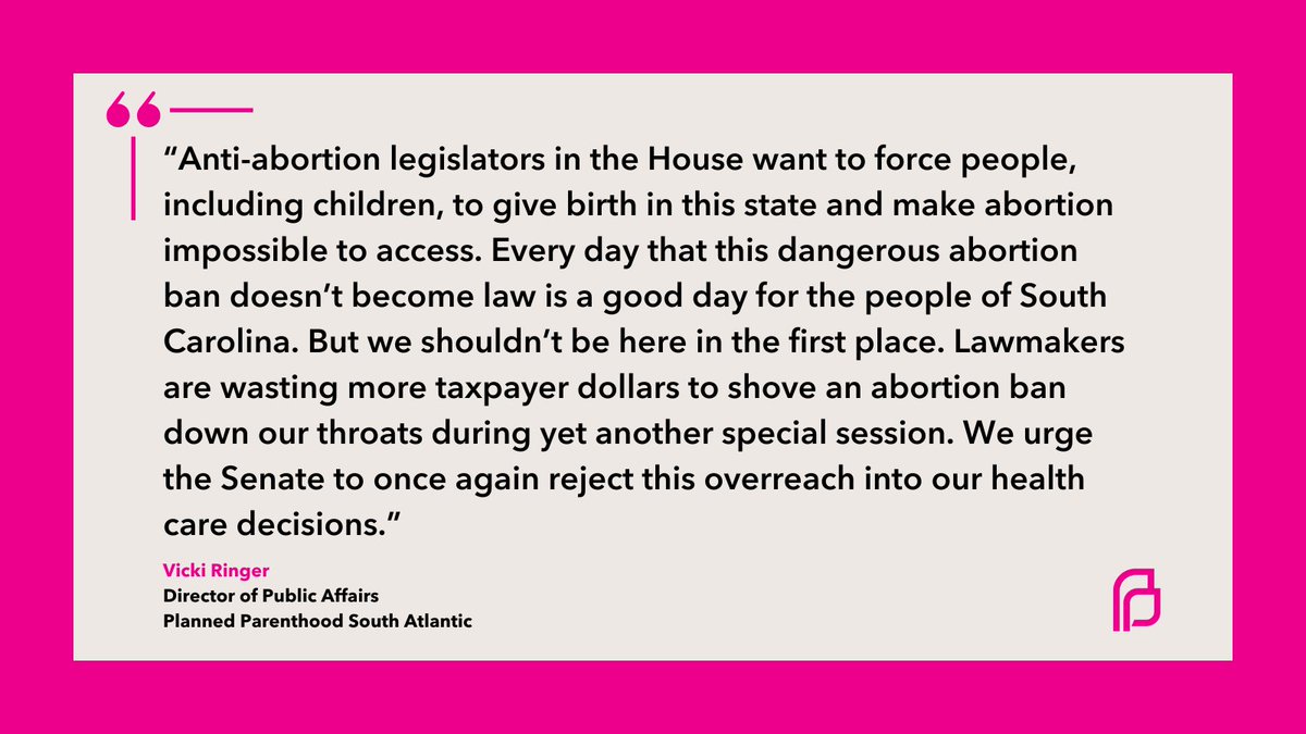 PPSATSC's tweet photo. NEWS: SC House passed S. 474, a bill that bans abortion after 6 weeks of pregnancy, before the vast majority of people know they're pregnant. Lawmakers passed an amended version of the bill, sending it back to the Senate for concurrence. Statement from @vickiringer: #StopTheBanSC https://t.co/DoiCsVvRRq