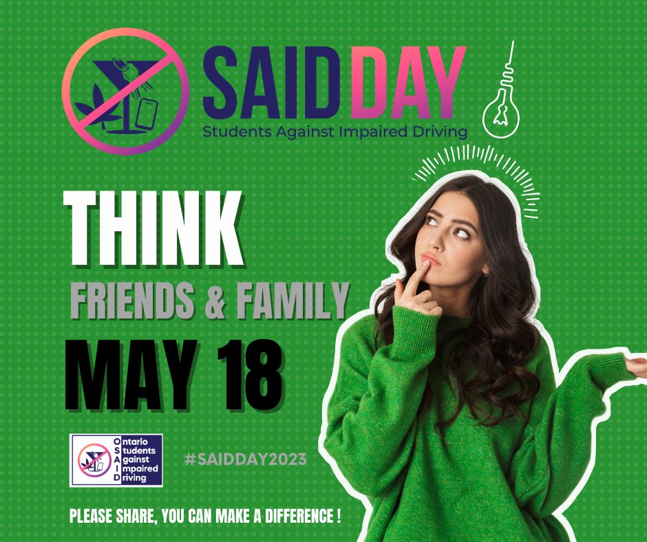 We're happy to share that the Students Against Impaired Driving Day is happening tomorrow - May 18th! #saidday2023 #roadsafety 

More details at: osaid.ca