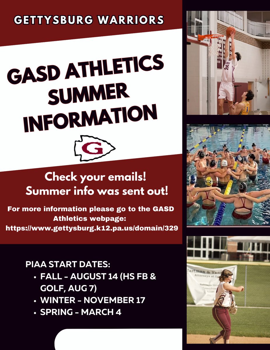 6th-11th grade GASD parents - check your email for summer sports physical and off-season workout information!

Sign ups for Wellspan sports physicals at GAMS on 6/12 &amp; 6/13: myconferencetime.com/gahs/schedule/…. $15, cash only &amp; please fill out the packet ⤵️ before you arrive. 

<a href="/GettysburgAt/">GettysburgATCs</a>