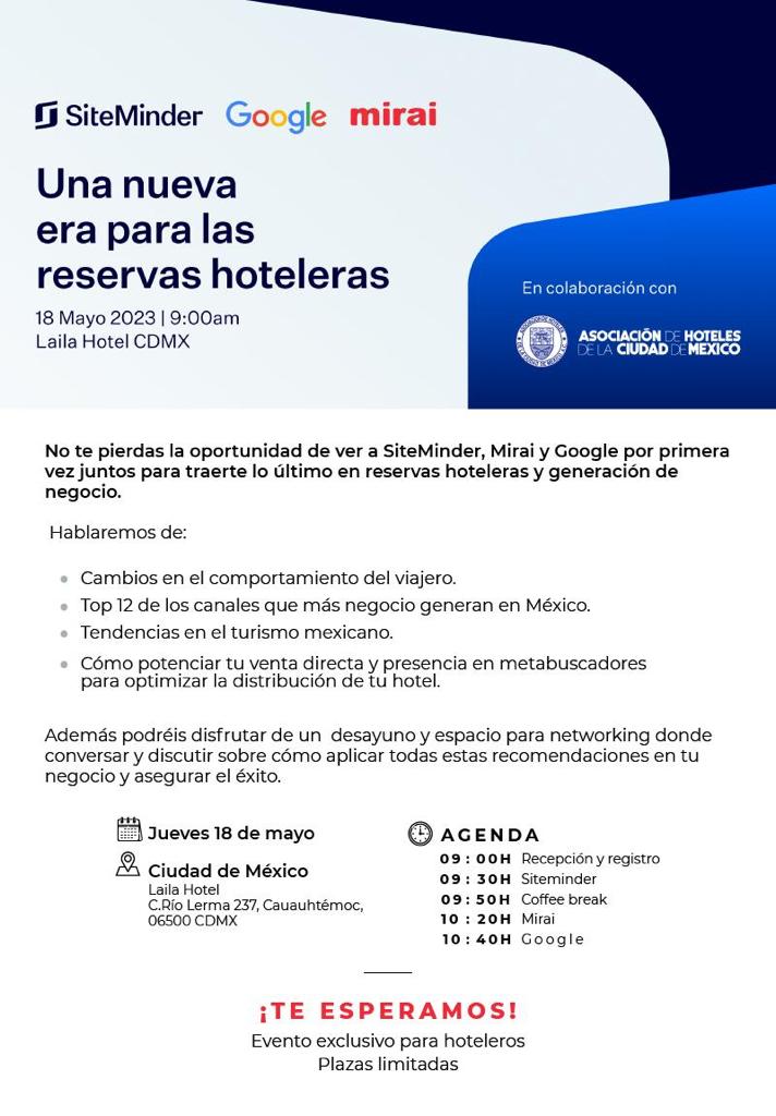 AsocHotelesCDMX's tweet photo. Mañana es la máster class “Una nueva era para las reservas” impartida por Mirai, SiteMinder y Google.
Regístrate sin costo en el siguiente link 👉https://t.co/uZslUZyk03
#SoyCiudadDeMexico #HotelesCDMX #ProveeduríaAHCM #MásterClass #LailaHotel https://t.co/oHbjodjXqE