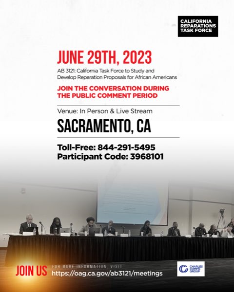Please join us for the Public Hearing of the California Task Force to Study and Develop Reparation Proposals for African Americans on June 29 in Sacramento, CA.

#reparations
#reparationstaskforce 
#californiareparationstaskforce