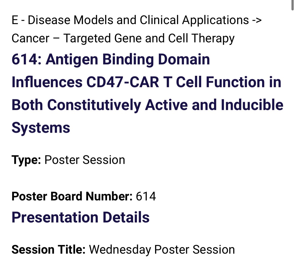 AlexBeckettPhD's tweet photo. Come visit my poster today at @ASGCTherapy poster #614 focusing on how antigen binding domain effects CAR expression on T cells targeting CD47! @StJudeResearch @stjudegraduate 

#asgct2023 #CAR #CARTcells #celltherapy #immunotherapy #CD47 #solidtumor https://t.co/AUsNxwsfYD