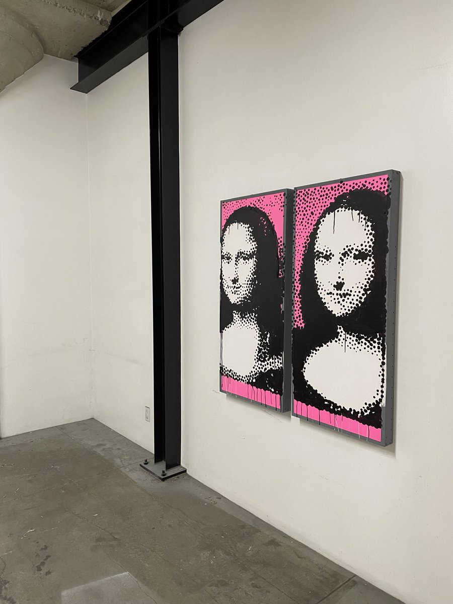 connormeager's tweet photo. “Mona Lisa &amp; Mona Lisa” (2023)

47.5” by 43.75”

Acrylic, latex, alcohol, and stain on framed wood panel upcyled from found discarded bed frame

Two panels speak, a dialogue untold, Her essence captured, stories unfold. https://t.co/5vmkE5yvxo