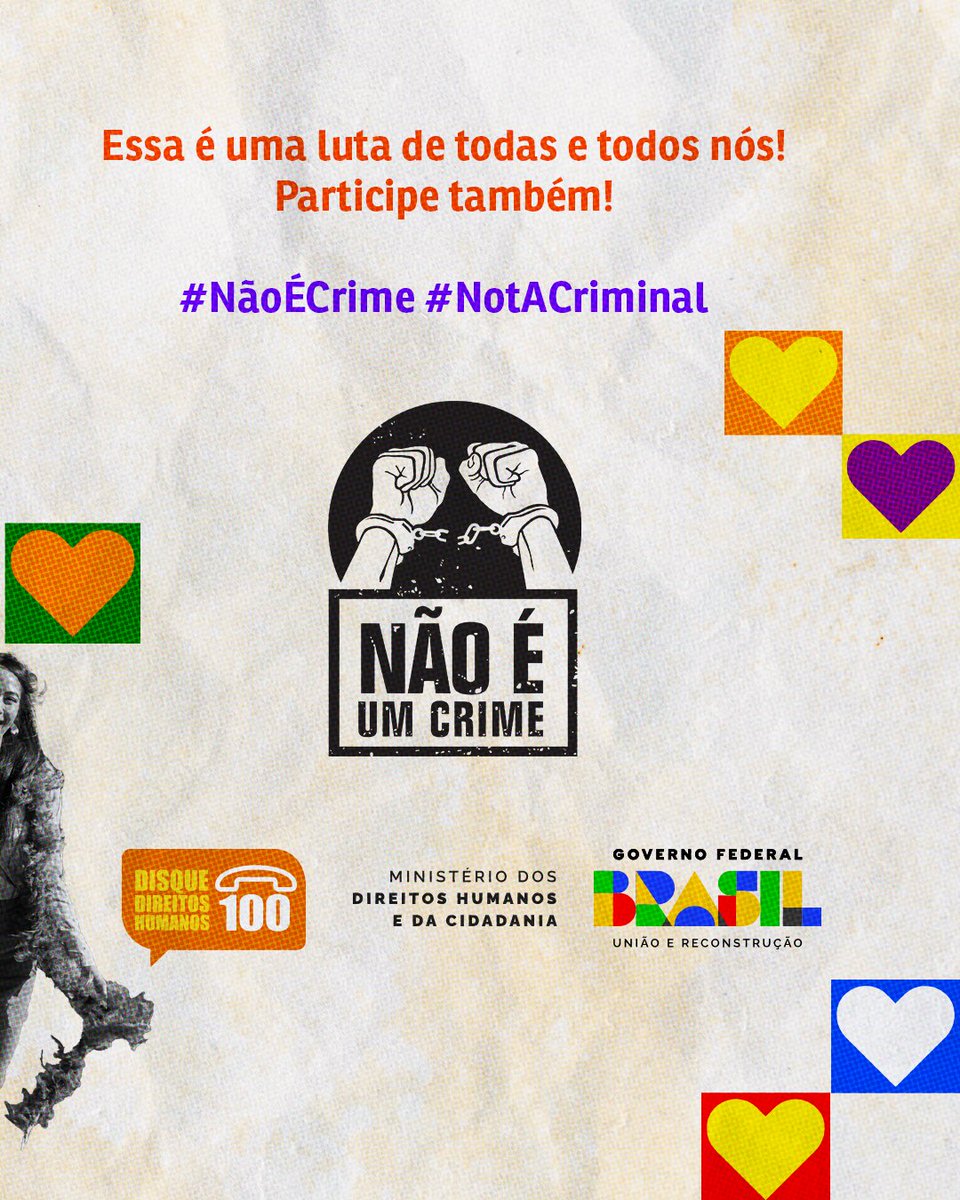 A existência de pessoas LGBTQIA+ não é crime!

Entre nessa campanha com a gente, porque essa é uma luta de todas as pessoas.❤️💛💜💙💚🧡

#NãoÉCrime #NotACriminal #UniãoeReconstrução #MDHC #DireitosHumanos