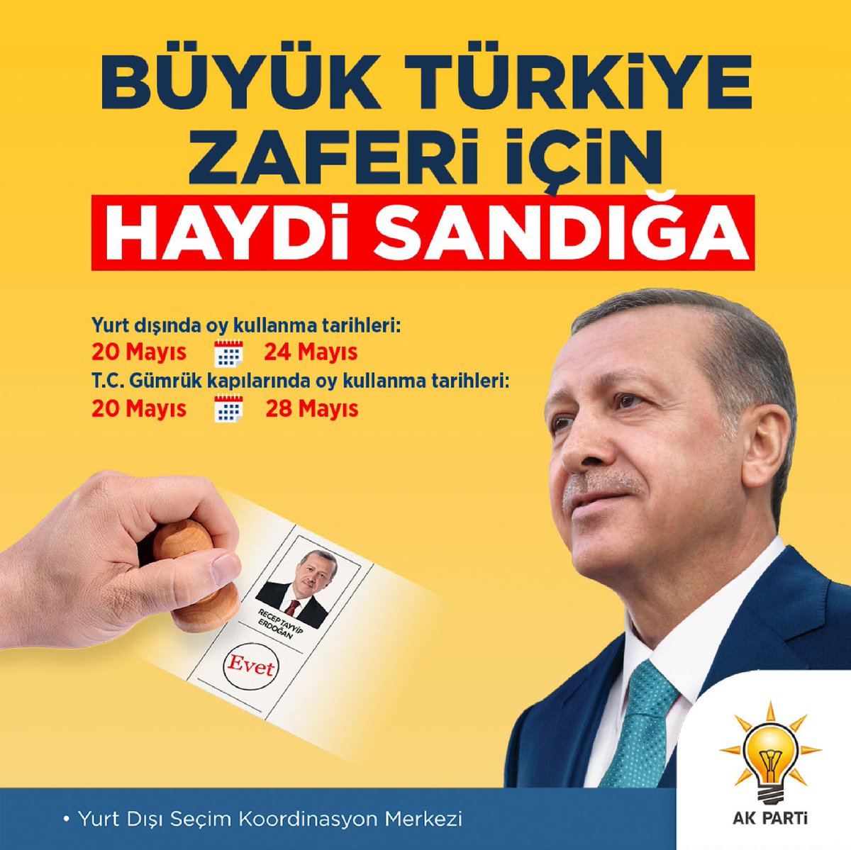 AKPartiYSKM's tweet photo. Yurt dışında Türk vatandaşlarımızın;

📅 20-24 Mayıs tarihlerinde yurt dışı sandık noktalarında veya
📅 20-28 Mayıs tarihlerinde gümrük kapılarına gelerek millî iradeden yana tavır almaya davet ediyoruz.

Büyük Türkiye Zaferi İçin Haydi Sandığa! ❤️🇹🇷 https://t.co/DTekmUOrgJ
