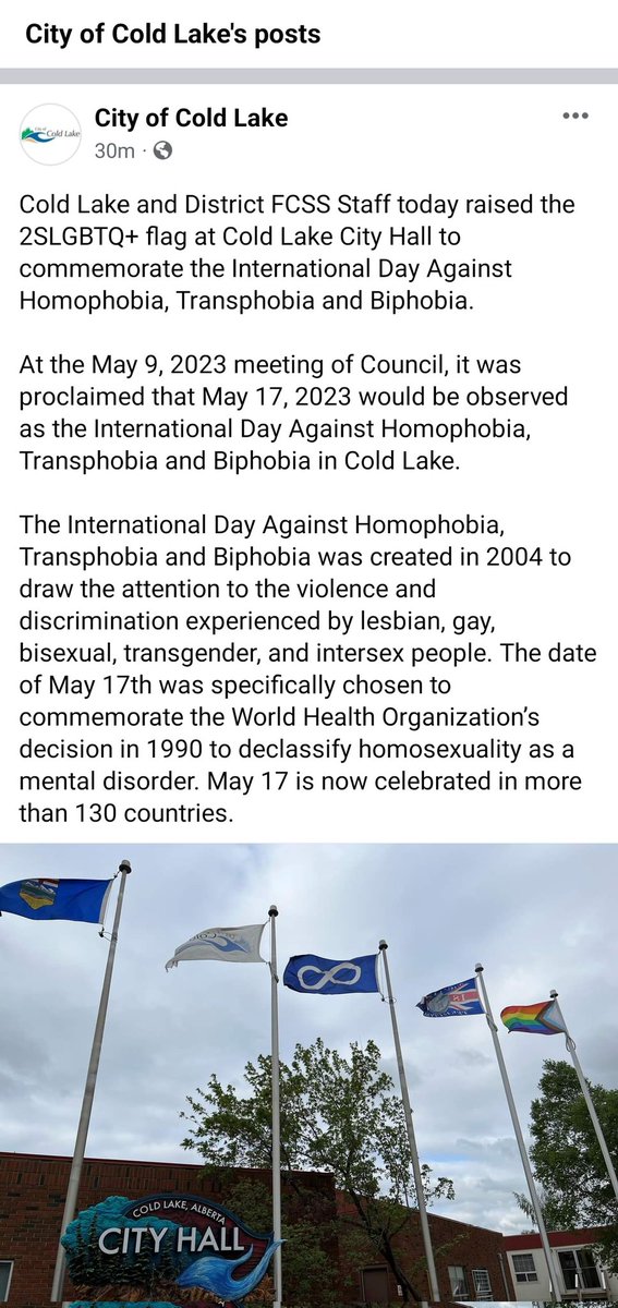 As proclaimed by the @CityofColdLake Today is International Day Against Homophobia, Transphobia and Biphobia.