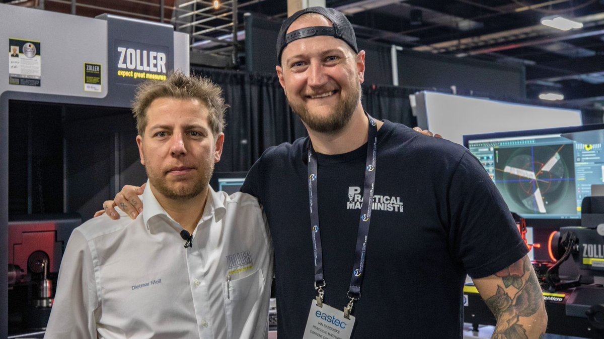ZollerInc's tweet photo. We had a fantastic time showing @IanSandusky and@prac_machinist the new #ZOLLER technology at #EASTEC, including our new line of smart #toolholders. They include a #digitaltwin and are equipped with the ZOLLER »idChip«. Check them out at booth 5432 or at https://t.co/3UmshYqBeq. https://t.co/dtseP87IYG