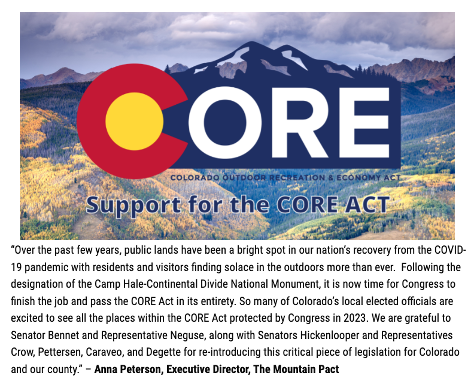 .<a href="/themountainpact/">The Mountain Pact</a> thanks <a href="/RepJoeNeguse/">Rep. Joe Neguse</a>, <a href="/SenatorBennet/">Michael Bennet</a>, along with <a href="/SenatorHick/">Senator John Hickenlooper</a>, <a href="/RepDianaDeGette/">Rep. Diana DeGette</a>, <a href="/RepJasonCrow/">Rep. Jason Crow</a>, <a href="/RepCaraveoMD/">Congresswoman Yadira Caraveo, MD</a> &amp; <a href="/RepPettersen/">U.S. Rep. Brittany Pettersen</a> for reintroducing  the #COREAct today! coreact.org/coloradans-app…