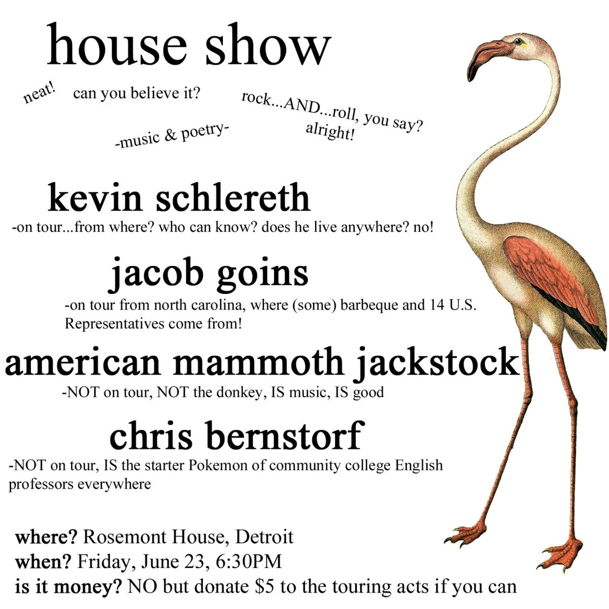Ripping a gig with <a href="/kevinschlereth/">kevin schlereth</a>, Jacob Goins, &amp; <a href="/GiveMeStein/">swimwear whimwear</a> as American Mammoth Jackstock on June 23 at @RealRosemont House in Detroit. C'mon over 💚

SDG