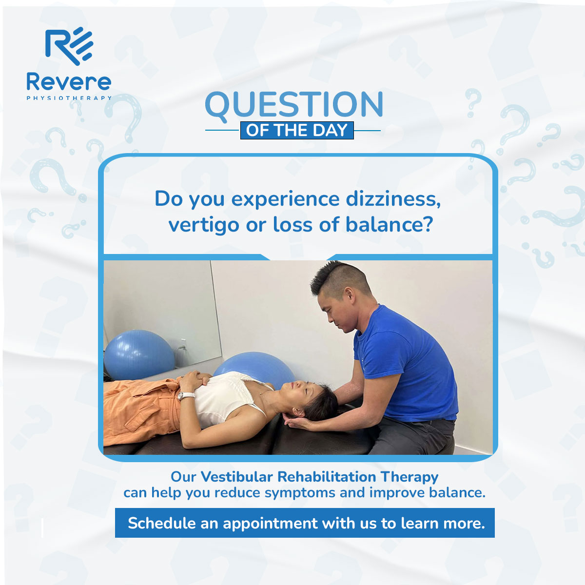 Find relief from dizziness and imbalance at Revere Physiotherapy. Rediscover stability and regain your confidence with Revere Physiotherapy's expert care. Schedule your appointment today! 
🤙 Visit us and book now:
buff.ly/3WbgWW4
.
#VestibularRehabilitation #ReverePhysio