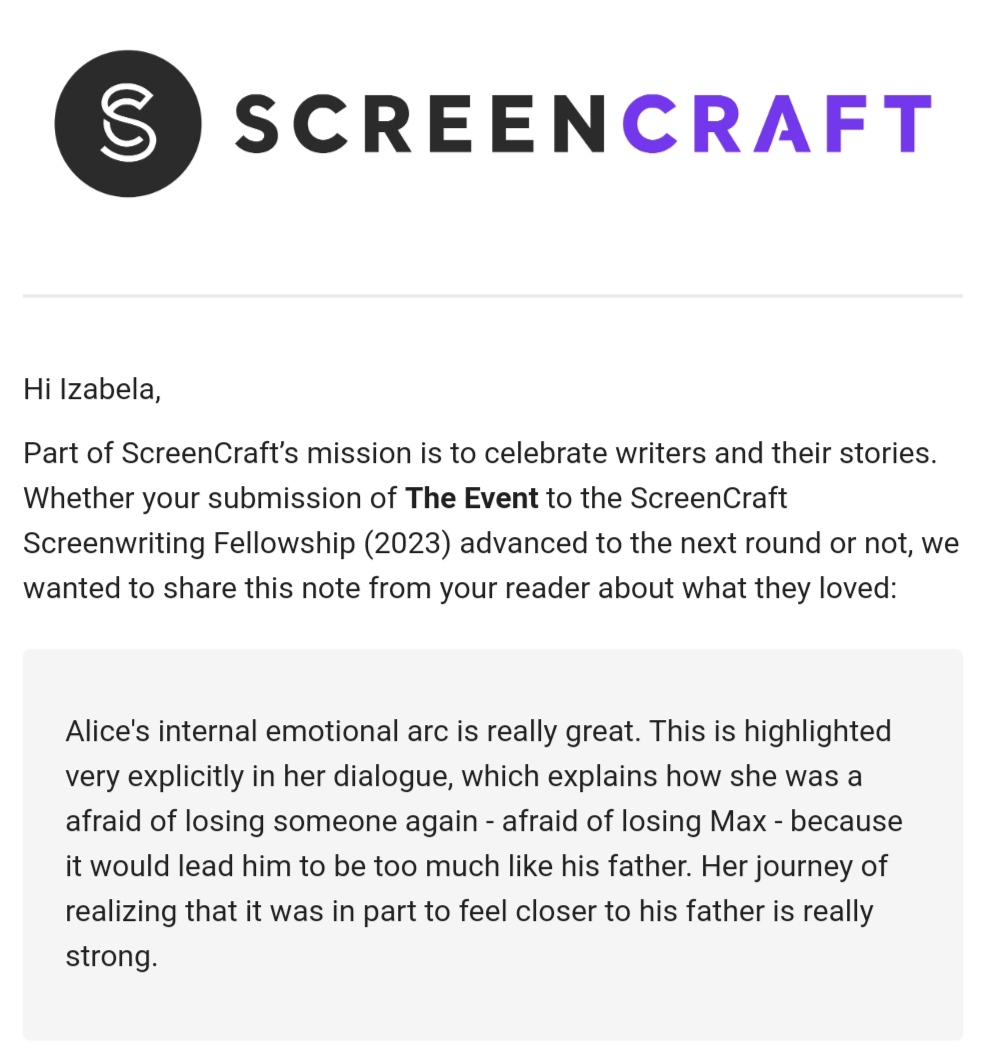 BorowskaIza's tweet image. Another nice surprise. Feedback from @screencrafting by @Coverfly 

#ScreenCraft #TheEvent #Drama #Fantasy #Dance #Awarded #SpecScript #FilmFestival #Coverfly #WritingCommnunity