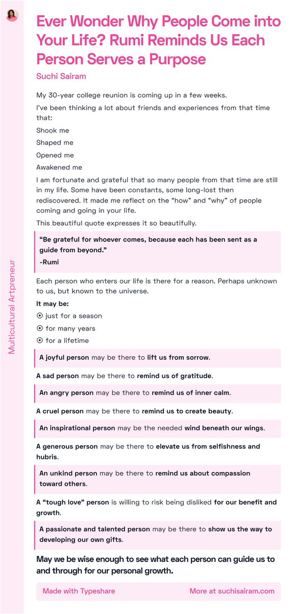 Ever Wonder Why People Come into Your Life? Rumi Reminds Us Each Person Serves a Purpose

#SuchiWrites #ship30for30 #ship30 #quote #reflection #rumi