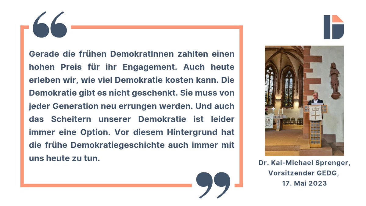 Warum man sich mit der frühen #Demokratiegeschichte beschäftigen sollte, hat unser Vorstandsvorsitzender Dr. Kai-Michael Sprenger bei der Eröffnung unserer #Wanderausstellung in der Alten Nikolaikirche in <a href="/Stadt_FFM/">Frankfurt am Main</a> betont. #GEDG #Paulskirchenfest <a href="/Paulskirche/">Paulskirche</a>