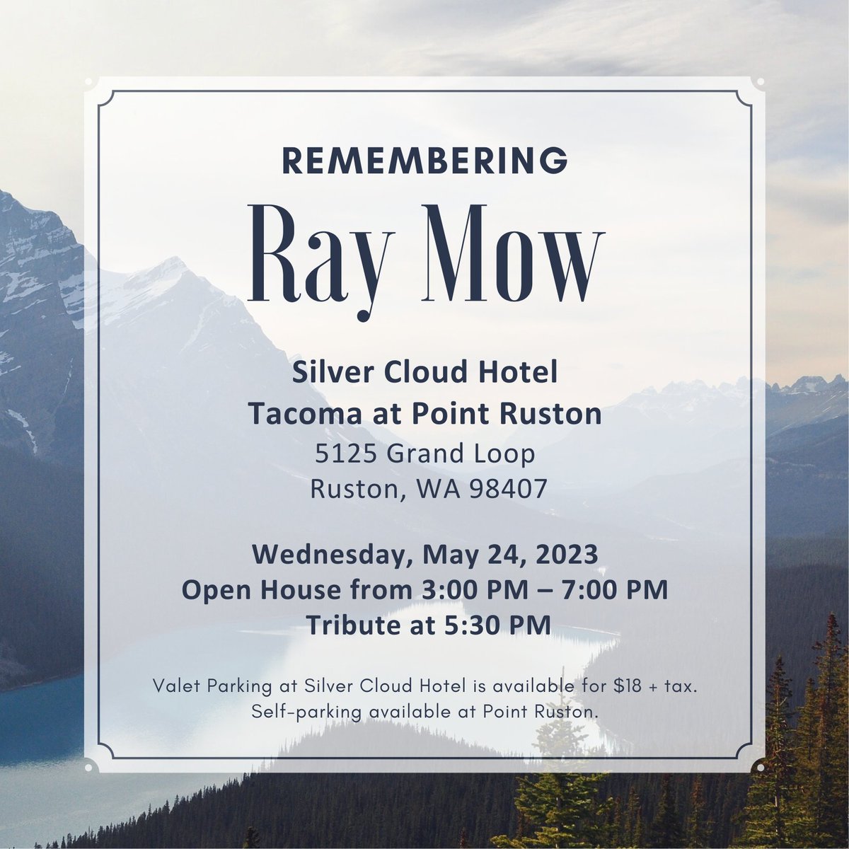 EMAtacoma's tweet photo. On May 24th there will be a time of remembrance for Ray Mow. This will be held in an Open House format, we welcome you to drop in and leave as your time permits. No RSVP is required. Donations may be made to the YMCA of Pierce and Kitsap Counties on his behalf. https://t.co/ySFXcWqxXH