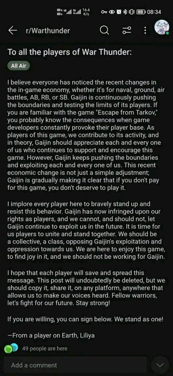 Ck2rtA's tweet photo. @WarThunder I am the rebel faction of War Thunder, I am here today to create the villain of bvvd
Here I call on War Thunder players to unite against Gaijin's exploitation and pressure on us. We're here to enjoy the game and have fun with it, we're not supposed to be working for Gaijin. https://t.co/5zJZPqnB9A