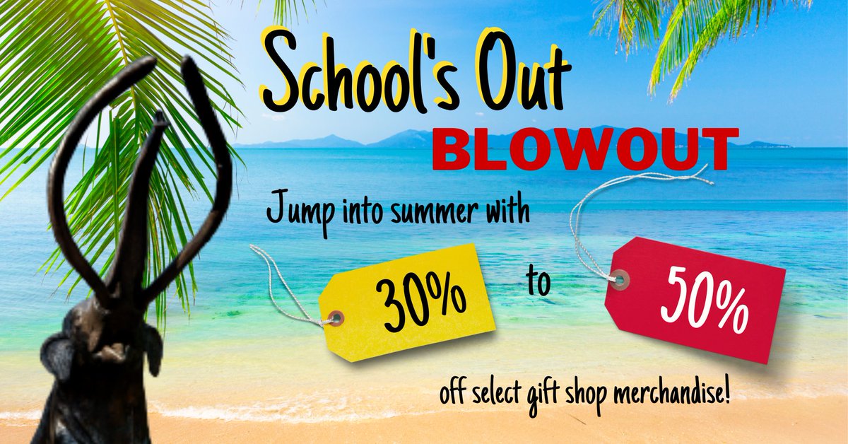 Summer is almost here. It's time for our School's Out Blowout Sale! We've got a mix of items in our gift shop 30-50% off, including 30% off all rocks & 50% off all adult jewelry. Gift shop sales support museum exhibits & programs. Museum admission not required if only shopping.