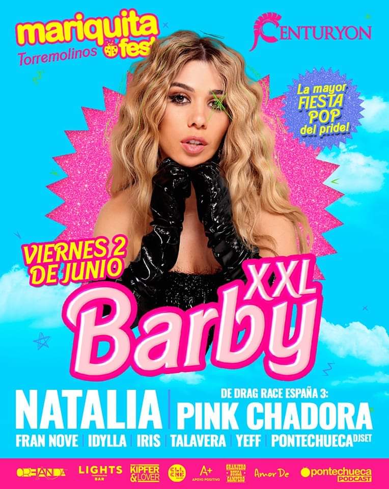 SalaCenturyon's tweet photo. Viernes 2 junio #Barby #XXL, la mayor fiesta de #pop del Pride de Torremolinos! 🏳️‍🌈
Con los mejores éxitos de #NATALIA, #pinkCHADORA de #DragRace 3 y Talavera, Idylla, Iris, y el superken Yeff, con el djset de Fran Nove y #Pontechueca. https://t.co/fdBlzb6HD1 https://t.co/m26lvDOTAJ