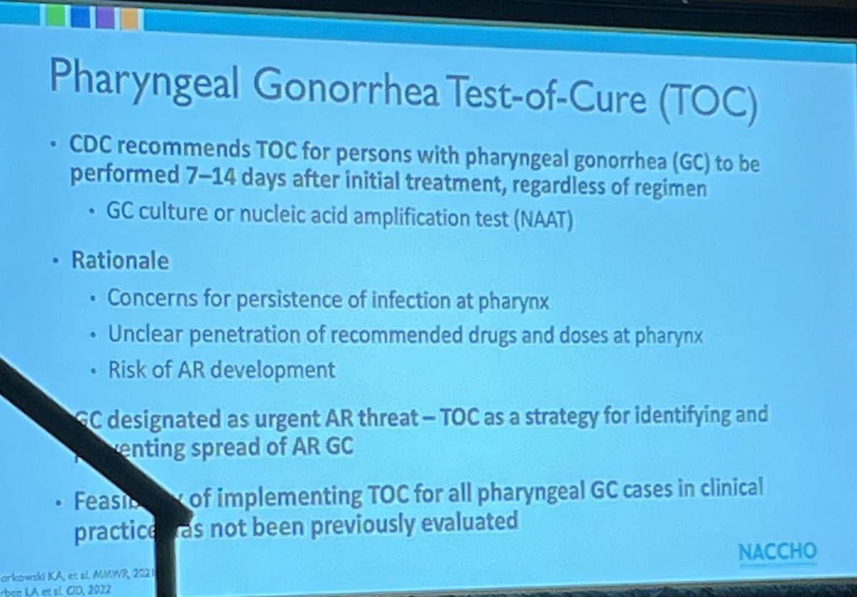 HIVpxresearch's tweet photo. Rebekah Horowitz from @NACCHOalerts is presenting on the implementation of the pharyngeal gonorrhea test-of-cure program. Mia from San Francisco and Rachel from DC Health #STDEngage https://t.co/4sTRRxJlDH