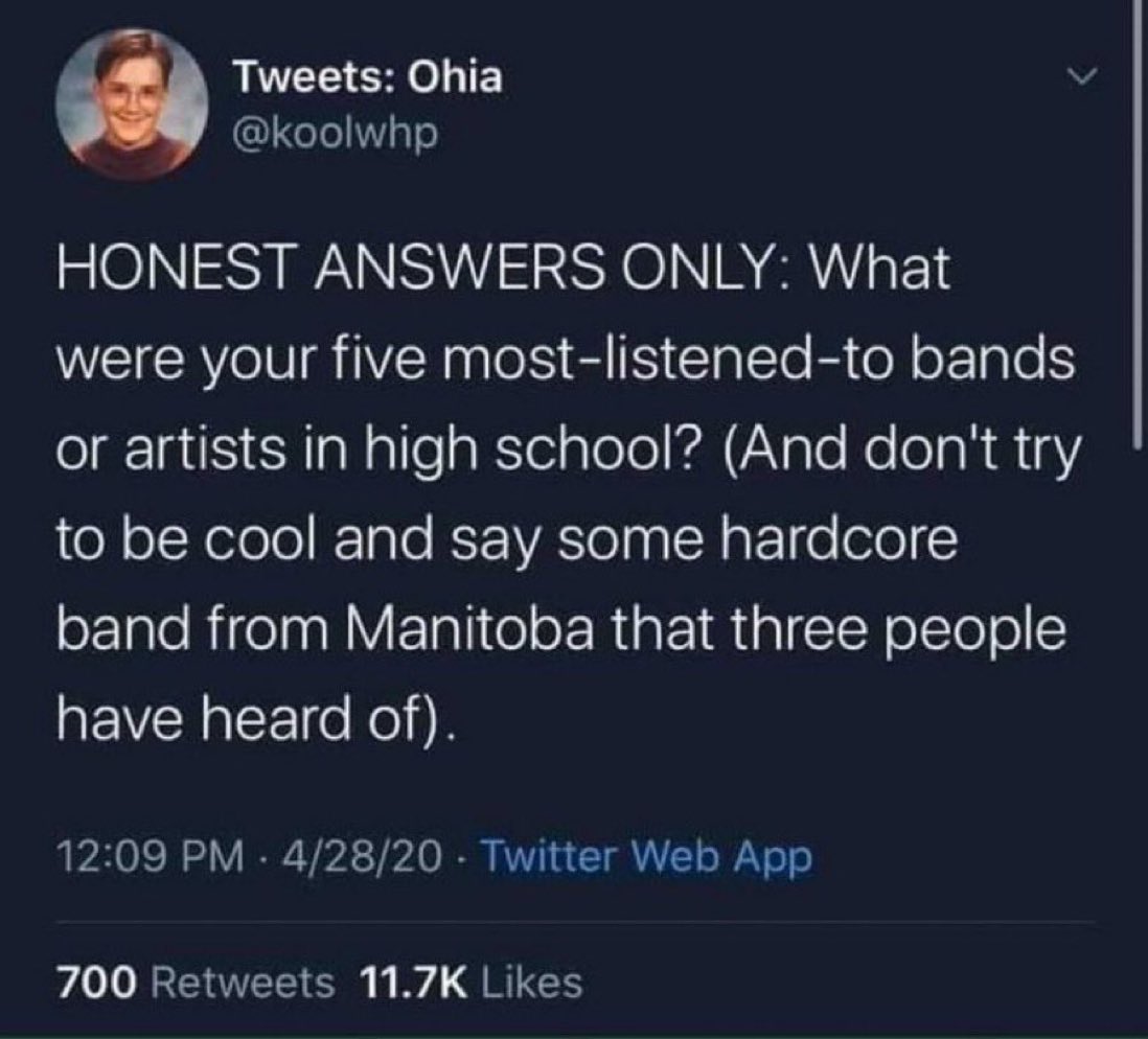 ReallySmitty's tweet photo. Metallica
Pantera
NWA 
Hank Williams Jr
Limp Bizkit.

Late 90s Central IL was a weird place. https://t.co/HpLwNPaAtg