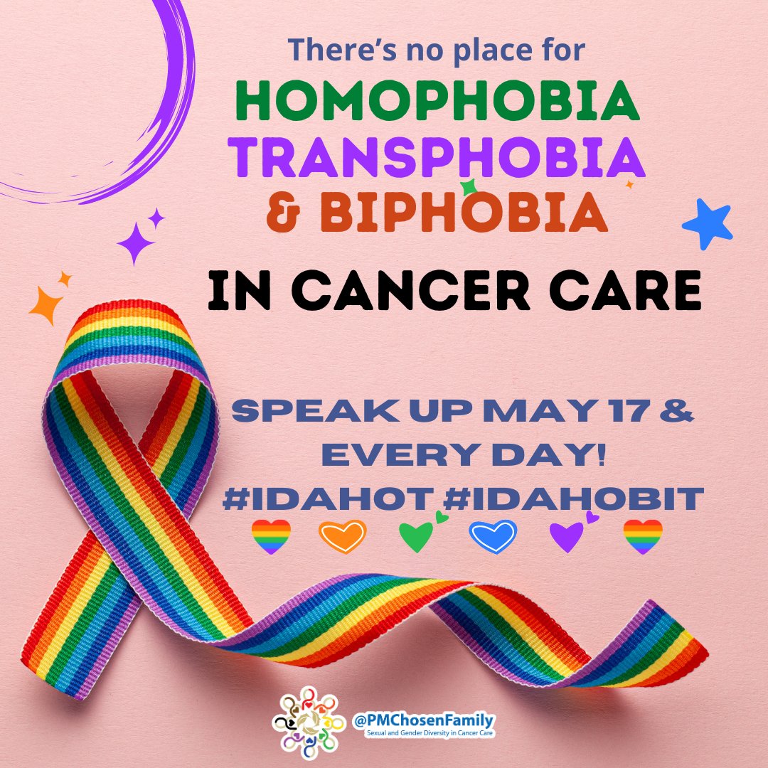 PMChosenFamily's tweet photo. There's no place for homophobia, transphobia & biphobia in #cancercare! Let this year's #IDAHOBIT be a reminder to speak up against discrimination in #healthcare. #IDAHOBIT2023 #inclusivecare #IDAHOT #ally #queercancer #2SLGBTQIA+ #chosenfamily #FeelFreeToFeel @Dr_SchulzQuach https://t.co/GHYy48Zr21
