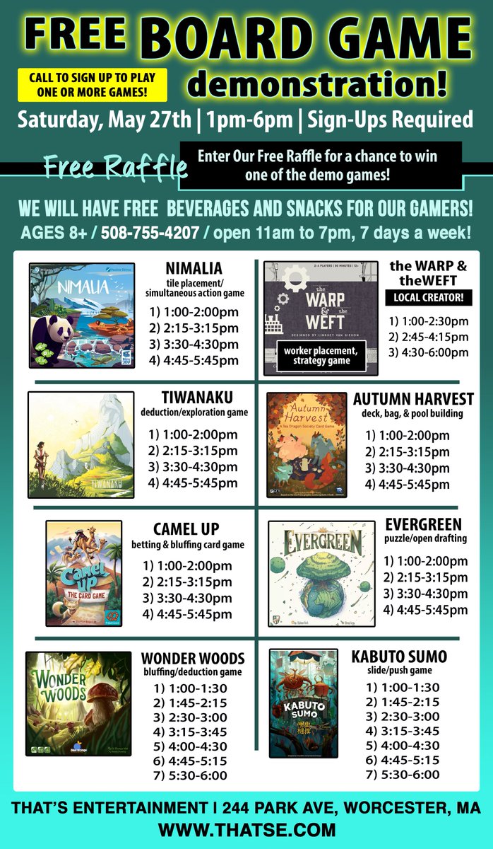 ThatsE's tweet photo. Sign up to play one or more board games at our next FREE BOARD GAME DEMONSTRATION on Saturday, May 27th! Call to sign up: 508-755-4207 We will be running two more games than usual! Click on the image below to see our full list of games and availale time slots. https://t.co/kUkyeklEcb