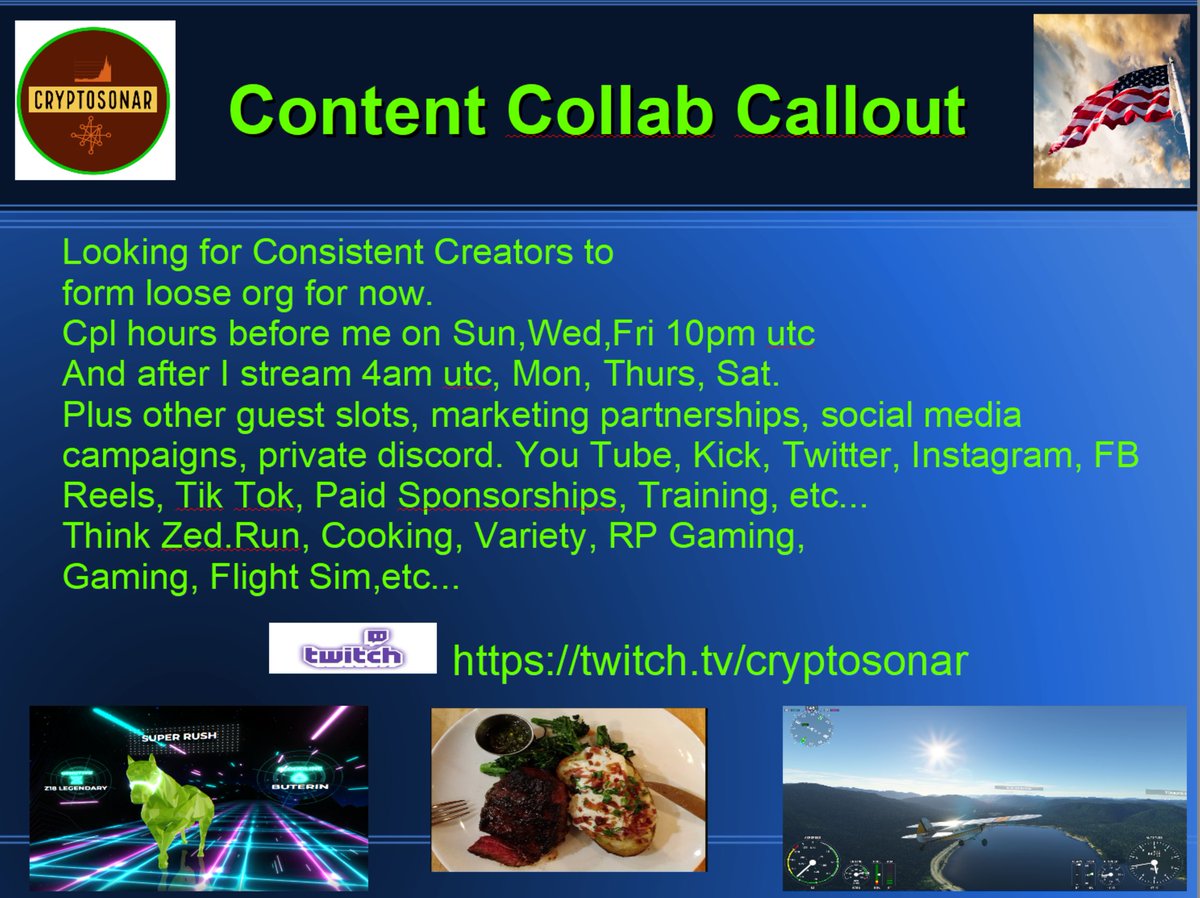 CryptoSonarETH's tweet image. 🧵[1] I'm looking for collab content creators. Ideally Stream #ZedRun (or other content), AT least 1-2 Hours before I do on Sun, Wed, Fri, Say 10pm utc, 

Apply: tinyurl.com/3u4rzvz8
cont.
@zed_run  @ZedRunControl  @Konigreich_Ent