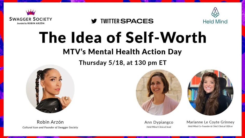 I’m thrilled to be part of this 🔥 panel for @MTV ‘s #MentalHealthActionDay tomorrow, join me @RobinNYC & @WellnessinWeb3 at 13:30 PST 

For @HeldMind ‘s collab with @SwaggerSociety . 

twitter.com/i/spaces/1djGX…