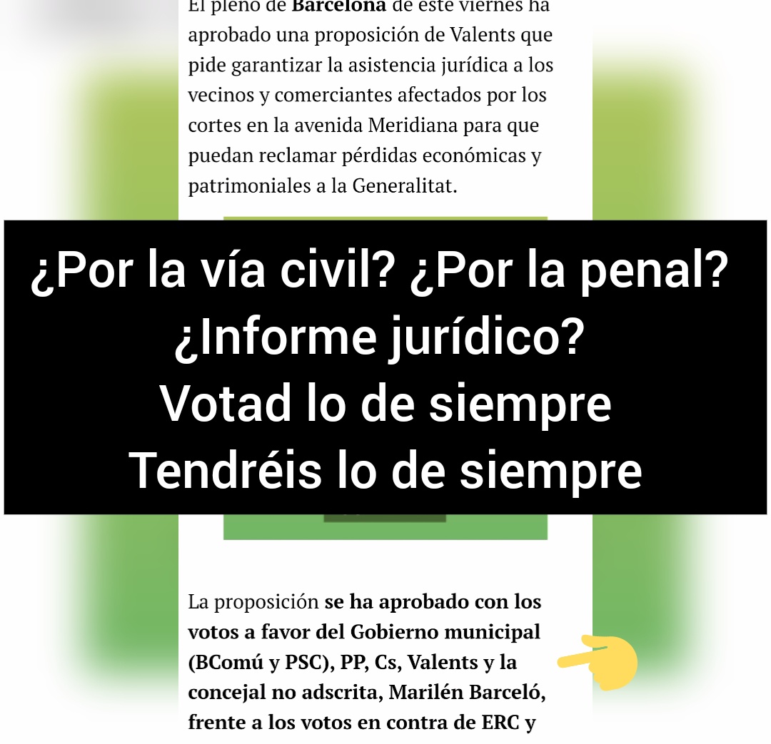Liberamos a Meridiana. Expulsamos a los separatistas. Derrotamos a la <a href="/gencat/">Generalitat de Catalunya</a>.

En el Ayuntamiento se subieron al carro del éxito.

🤣¿Alguien sabe que pasó de la propuesta "engañabobos" que QUEDÓ EN NADA? Jurídicamente, es un chiste.

‼️Valents,Cs,PP,PSC: NO ENGAÑEN a la gente.