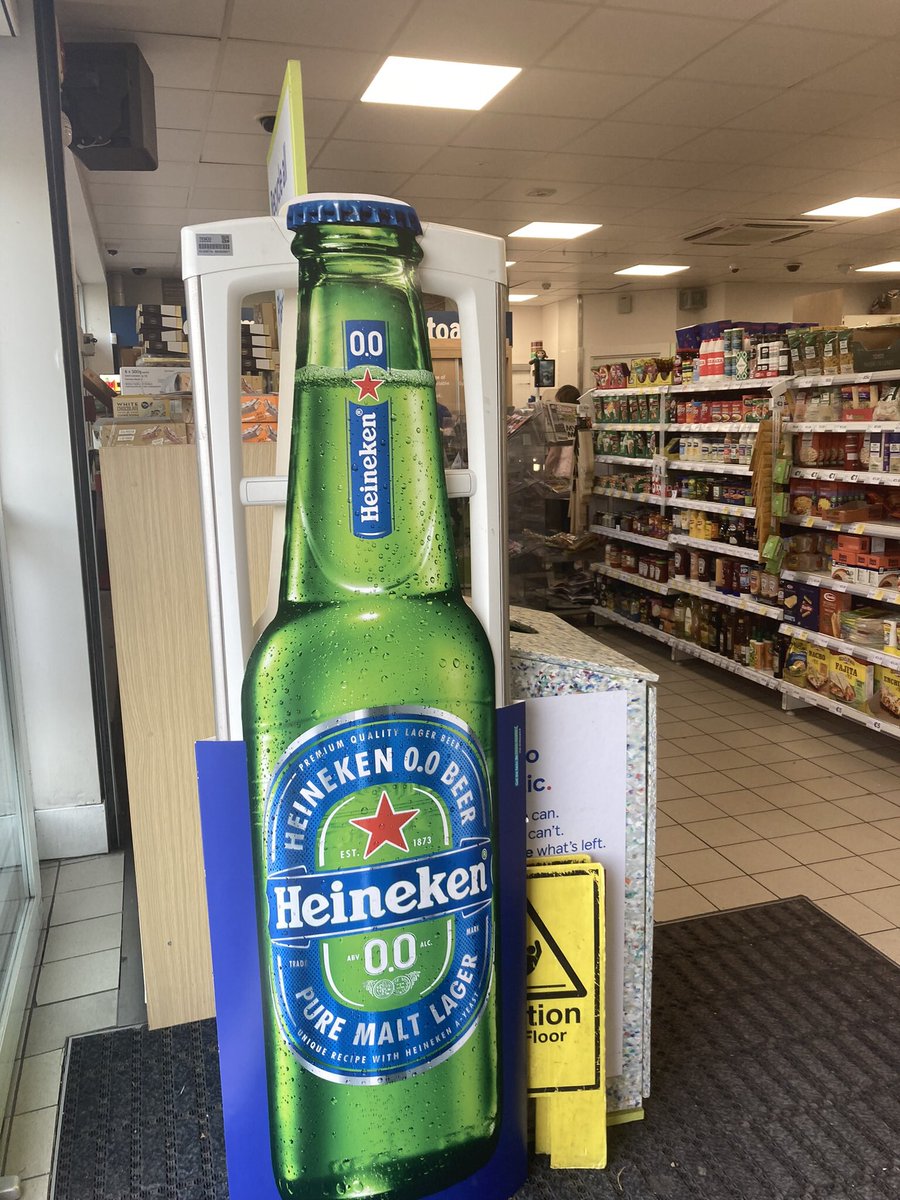 SheilaGilheany's tweet photo. Walked into local Tesco, small shop for bread. Two huge ads for Heineken at the entrance. Yes, yes, I know there is a 0.0 on them. But we all know what the message is. This is exactly what was supposed to be outlawed in Alcohol Act ie no alcohol ads beyond the alcohol zone. https://t.co/PQITBOsKYU