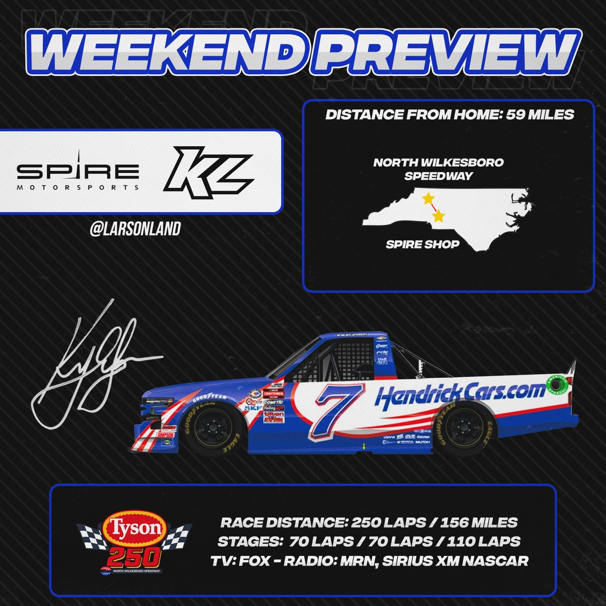 Don't forget! Kyle Larson will also be piloting the Spire Motorsports #7 Truck in the NASCAR Craftsman Truck Series this weekend at North Wilkesboro. Here's a quick look at that event!

#kylelarson #yungmoney #truckseries #nascar75 #northwilkesborospeedway