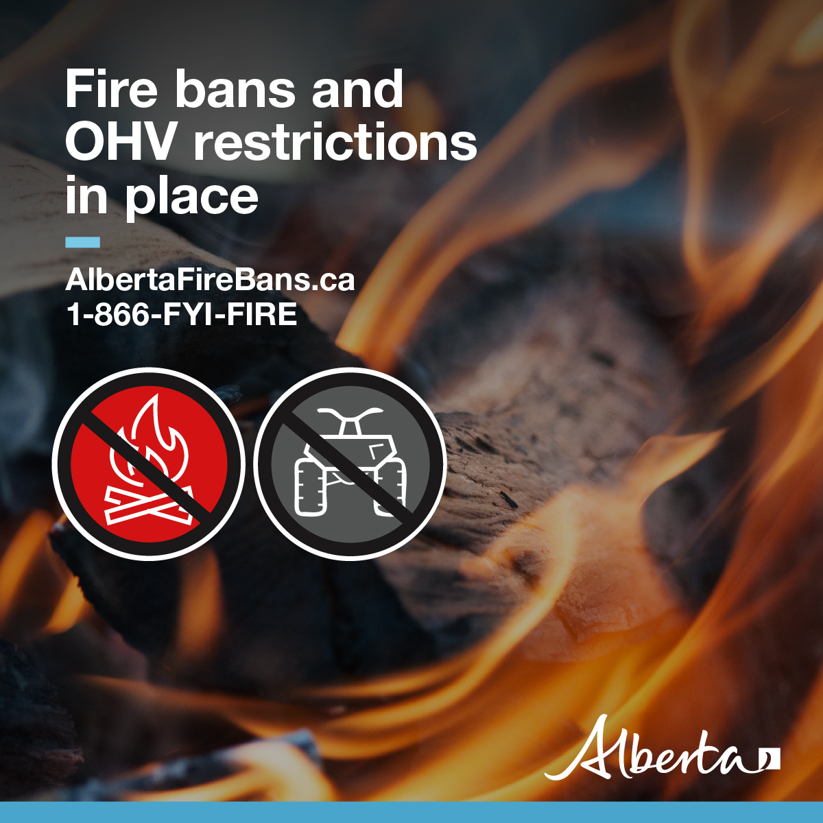 Alberta is in a state of emergency & the risk of #ABWildfire is extreme. Fire bans & off-highway vehicle restrictions are in place across most of the province. Don’t start a wildfire. Follow rules in your area for fires, fireworks & OHVs, including trucks: albertafirebans.ca