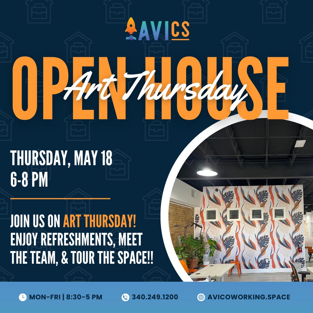 UVIRTP's tweet image. Come hang out with us, connect with members, and see why AVICS is the perfect spot for remote workers and entrepreneurs. We can't wait to meet you! #AVICS #coworkingspace #ArtThursday #networking #community
