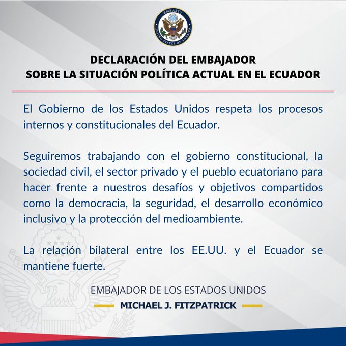 ¿Y que dice la Embajada de EEUU sobre disolver la Asamblea?

🇵🇪 "EEUU rechaza categóricamente cualquier acto extraconstitucional del presidente Castillo"

🇪🇨 "EEUU respeta los procesos internos y constitucionales del Ecuador"

...en fin, la democracia! 🗽