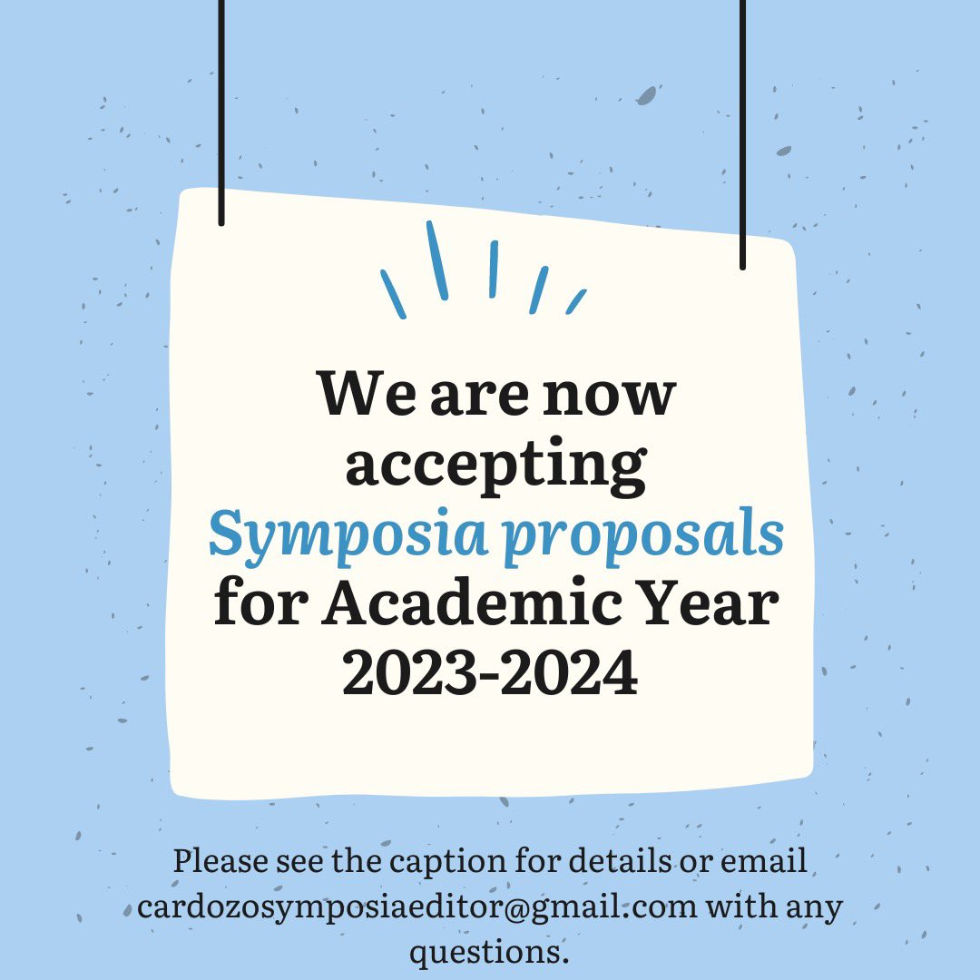 Cardozo Law Review is now accepting Symposia proposals for Academic Year 2023–2024. The Symposium will take place in early January 2024 at Cardozo. For more information and to submit proposals, please reach out to our Symposium Editor at cardozosymposiaeditor@gmail.com