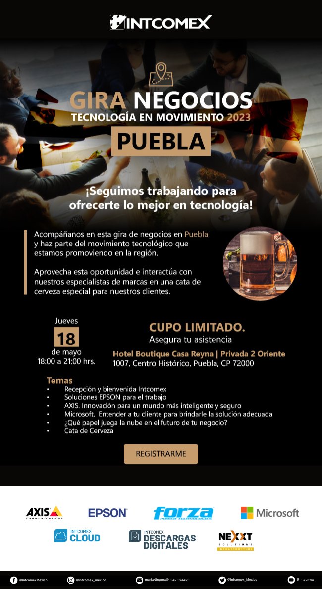 <a href="/Intcomex_Mexico/">Intcomex Mexico</a>  continúa su Gira Negocios💼 "Tecnología en Movimiento" en Puebla. Confirma tu asistencia y disfruta una cata de cerveza aquí: bit.ly/3MCbgkP