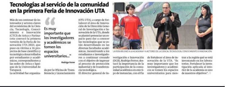 uta_otl's tweet photo. Diario La Estrella de Arica publicó en su edición de miércoles 17 de mayo sobre la Feria de Innovación UTA 2023, iniciativa para presentar las tecnologías en que se trabaja en @UTarapaca 

Puedes leer la nota en: https://t.co/ICq0l5LuOg

#innovación #Tecnología #emprendimiento https://t.co/oT57WE8XWj