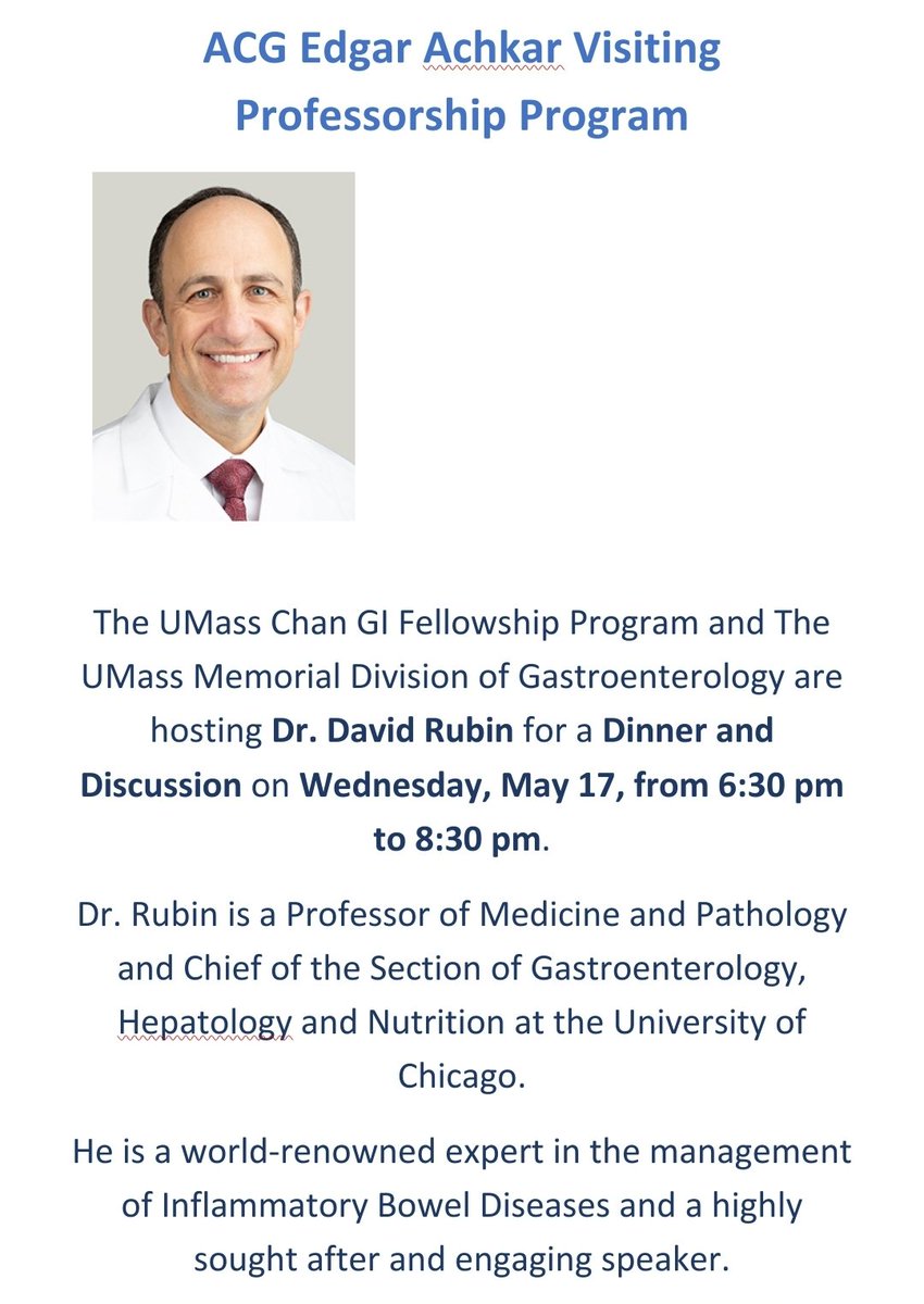 University of Massachusetts GI Fellowship (@umassgi) on Twitter photo Our first <a href="/AmCollegeGastro/">ACG</a> visiting professor lecture by <a href="/IBDMD/">David T. Rubin, MD</a> from <a href="/UofC/">UniversityofChicago</a> ... we are very excited to meet him and local #GIDoc Our first <a href="/AmCollegeGastro/">ACG</a> visiting professor lecture by <a href="/IBDMD/">David T. Rubin, MD</a> from <a href="/UofC/">UniversityofChicago</a> ... we are very excited to meet him and local #GIDoc