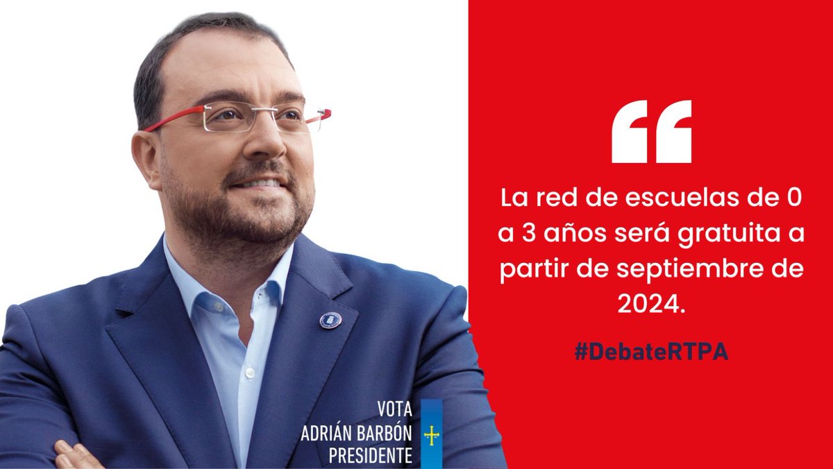 FSA_PSOE's tweet photo. 👶🏼 Una apuesta decidida por la educación pública y la conciliación 👇🏻

En 2024, nadie pagará matrícula en las escuelas de 0 a 3 años en Asturias.

@AdrianBarbon💙💛 #DebateRTPA #GanaBarbón