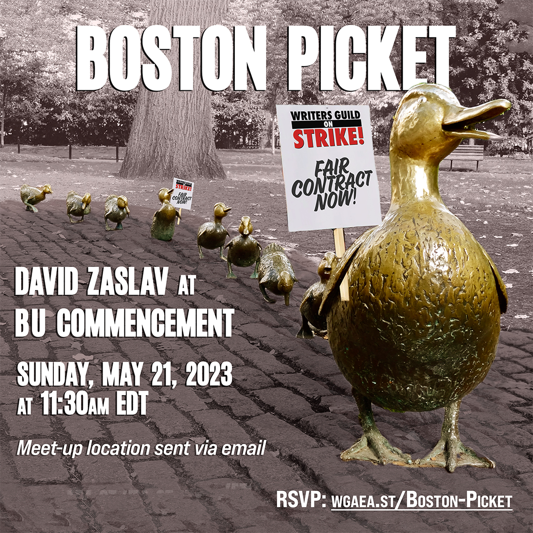 ICYMI: We'll be picketing Warner Bros. Discovery president & CEO David Zaslav at Boston University’s commencement ceremony this Sunday, May 21.

Are you #ProudtoBU(nion)? Sign up to join us!

wgaea.st/Boston-Picket

#WGAStrong #WGAStrike #1u #BU2023