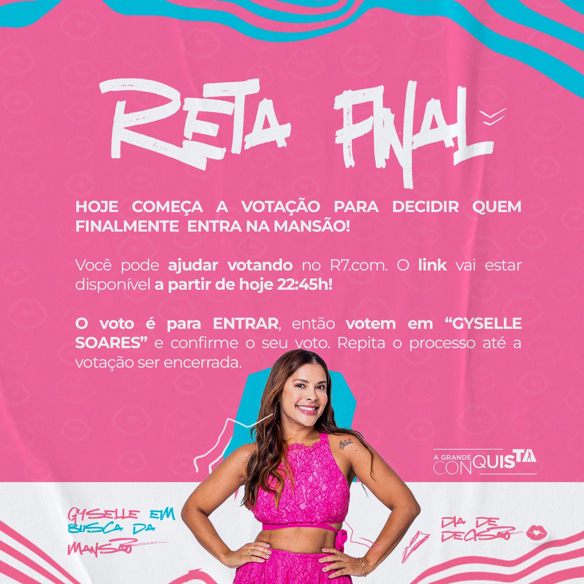 Gyselle_Soares's tweet image. 🚨Hoje é o dia decisivo! 🚨

A votação final para a Gy entrar na mansão é HOJEEE! Então FIQUEM ATENTOS hoje, às 22h45! iremos precisa  do empenho de todos vocês. RUMO A MANSÃO! #TeamGy #AGrandeConquista