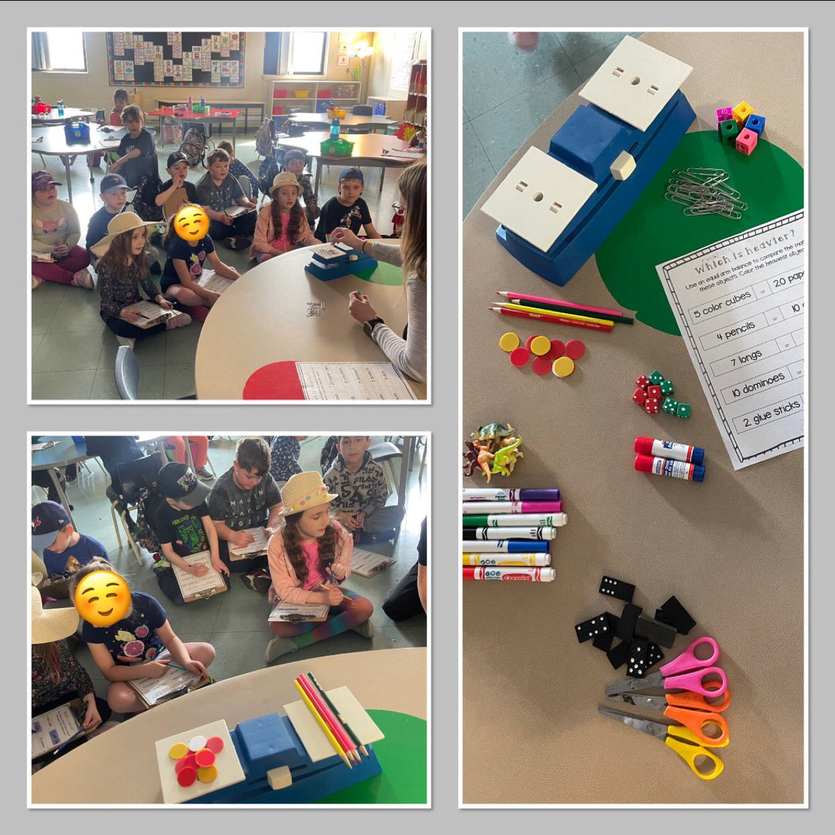 Ms_JSears's tweet photo. Which is heavier?🤔 5 colour cubes or 20 paper clips? 2 glue sticks or 8 dice? Ss made predictions, then weighed our classroom items with a balance scale😄📎🟩✏️🎲🦕✂️⚖️ @cowanelementary https://t.co/pZbO1WtYFH