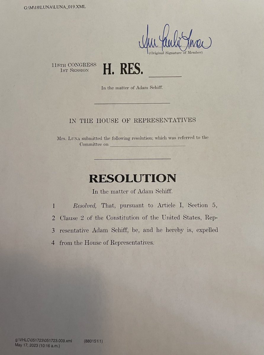 BREAKING: GOP Rep. @realannapaulina submits House Resolution to *expel* Rep. Adam Schiff from Congress in light of Durham Report findings showing his involvement with illegal spying on US President